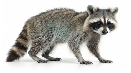 Fototapeta premium A curious raccoon standing on a white background.