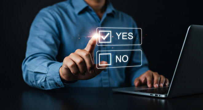 Person interacting with a virtual yes/no decision screen, decision-making process concept, digital voting interface, modern technology, corporate decision tools, and innovation.