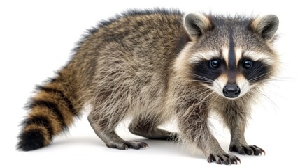 A young raccoon standing on white background.