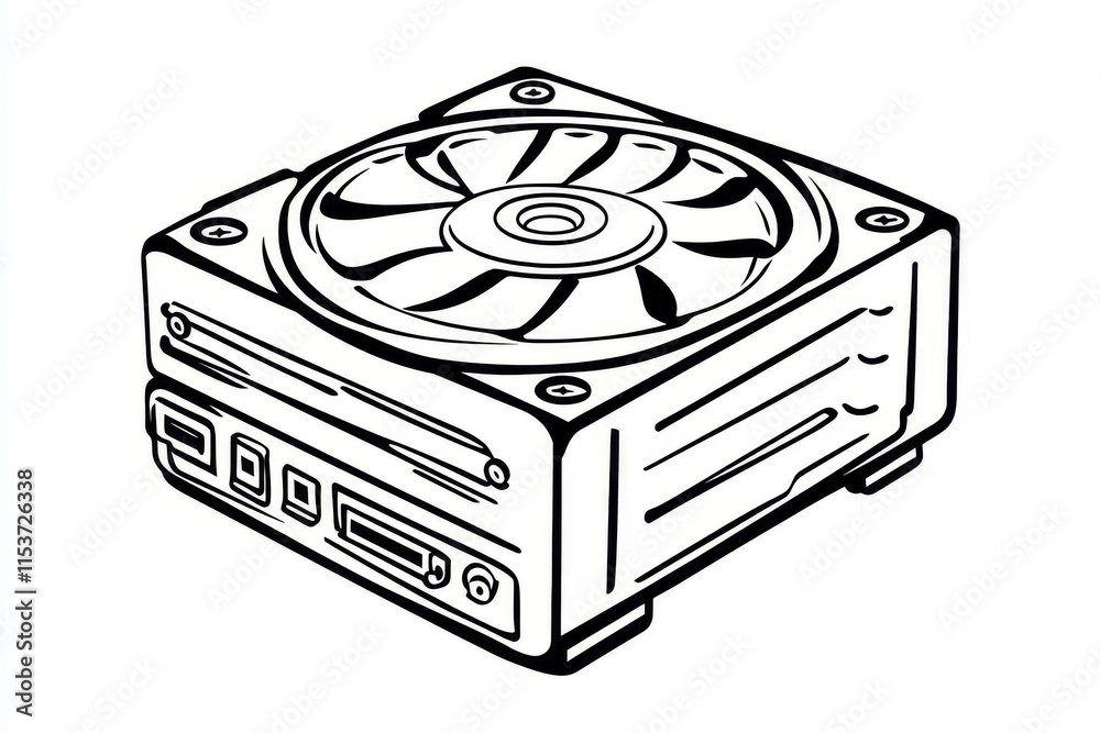 Poster a clean flat design of an hdd icon with simplified connectors and platter, drawn in a modern monochr