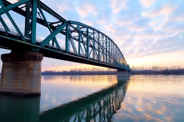 Naklejka premium A clean, two-tone silhouette of a highway bridge spanning across a calm river, using soft earth tones