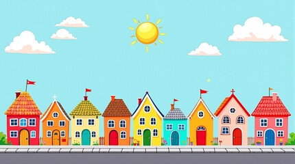 Colorful Illustration of Whimsical Houses Under a Sunny Sky