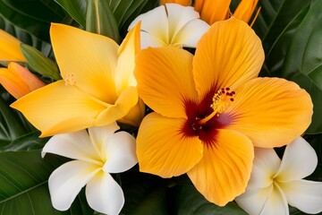 A close-up of Hawaiian tropical flowers like plumeria, hibiscus, and birds of paradise in a vivid arrangement