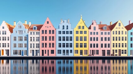 Fototapeta premium A vibrant row of colorful, traditional houses reflected in calm waters, showcasing a picturesque waterfront scene.