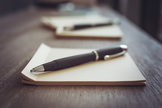 A sleek black pen rests on a pristine notepad, ready for writing. Shallow depth of field blurs a second pen and notepad in the background. Simple, professional setting.