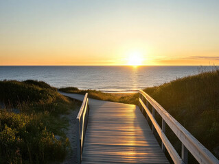 A Small Yellow Sun Setting on the Water, Casting Long Shadows on the Beach.