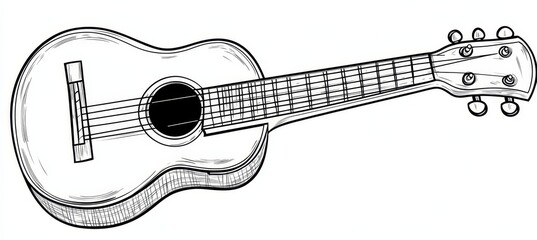 Vintage Ukulele Outline on White Background, Black and White Vector Illustration For Kids Coloring.