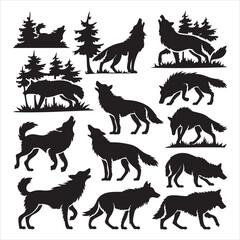 SET OF VECTOR VARIOUS WOLF SILHOUETTE