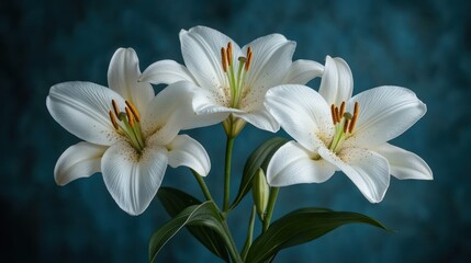 Obraz premium Three pristine white lilies against a teal backdrop.