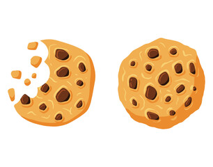 Cookie crumble, bite biscuit oatmeal. Tasty chip bakery. Sweet dessert food. Cartoon pastry baked snack for breakfast. Chocolate cake with crumb