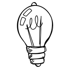 Simple line glass doodle electrical lamp. Black and white inspiration illuminated symbol. Lightbulb sketch drawing. Light Bulb idea invention.