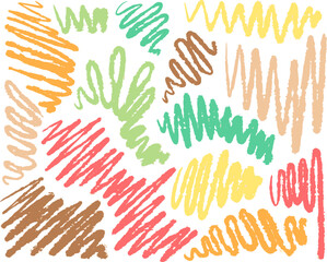 Wavy line mark. Children doodle highlight marker drawn. Sketch crayon brushstroke. Scribble swirl pattern. Brush paint element