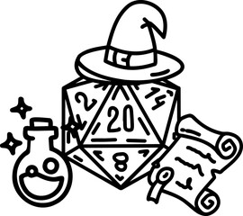 DND Dice Rpg board game character. Fantasy icosahedron wargame. 20-sided tabletop icon, cartoon style on white background