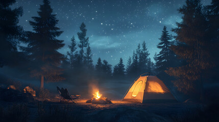 Dreamy Night Camping: Cozy Tent and Campfire Under a Starry Woodland Canopy