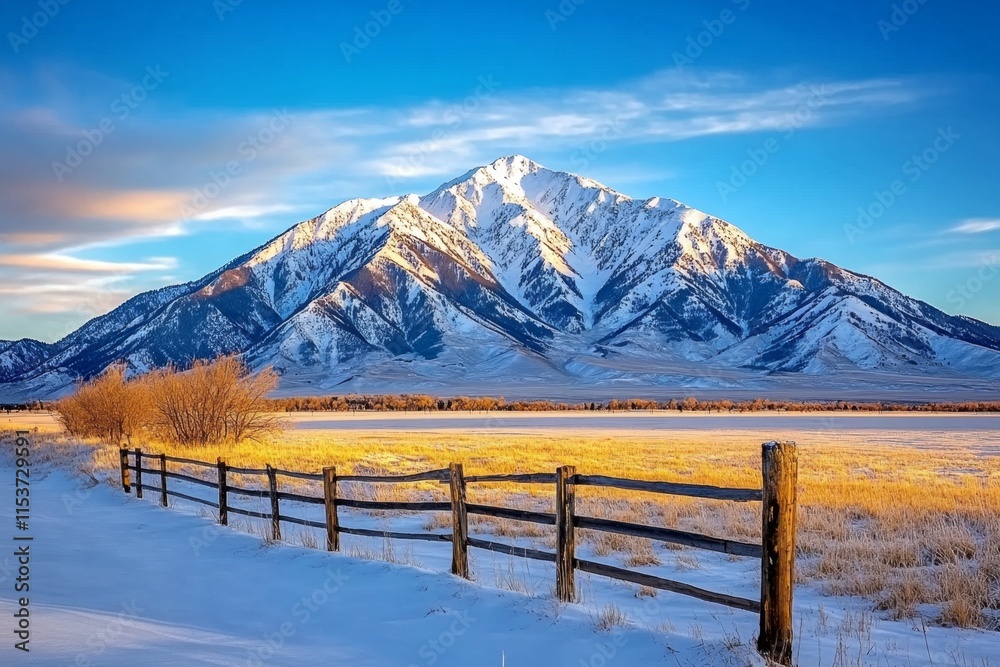 Poster A dynamic HDR image of a snow-capped mountain range glowing in the first light of dawn, with crisp shadows and soft highlights