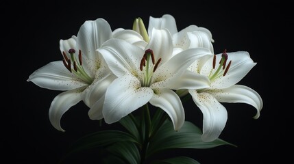 Three white lilies against a black background.