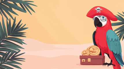 Naklejka premium Pirate cartoon kids story. Colorful pirate parrot with treasure chest on sandy beach.