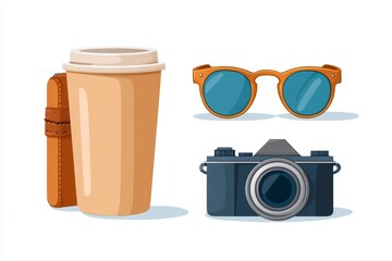 A flat 2D illustration of hipster essentials: a coffee cup, vintage camera, notebook, and a pair of round glasses