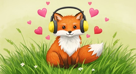 Fototapeta premium Fox in Grass with Headphones and Hearts background for children's book illustration 
