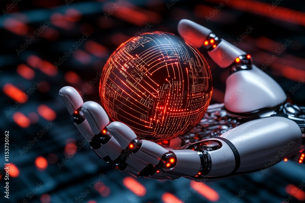 Aufkleber A futuristic depiction of robotic hands with glowing circuits, gently holding a holographic sphere displaying data streams and digital grids