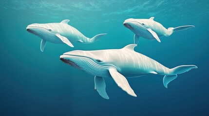Fototapeta premium Three majestic whales swim gracefully in clear blue waters, showcasing their immense size and beauty in a serene underwater environment.