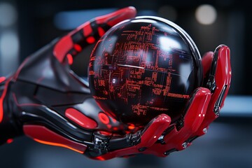 A futuristic depiction of robotic hands with glowing circuits, gently holding a holographic sphere displaying data streams and digital grids