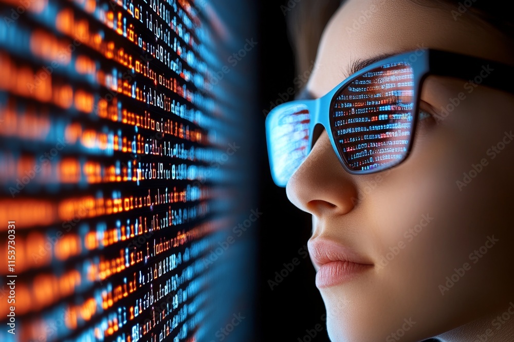 Poster a futuristic programmer interacting with a holographic coding interface filled with high-speed data 
