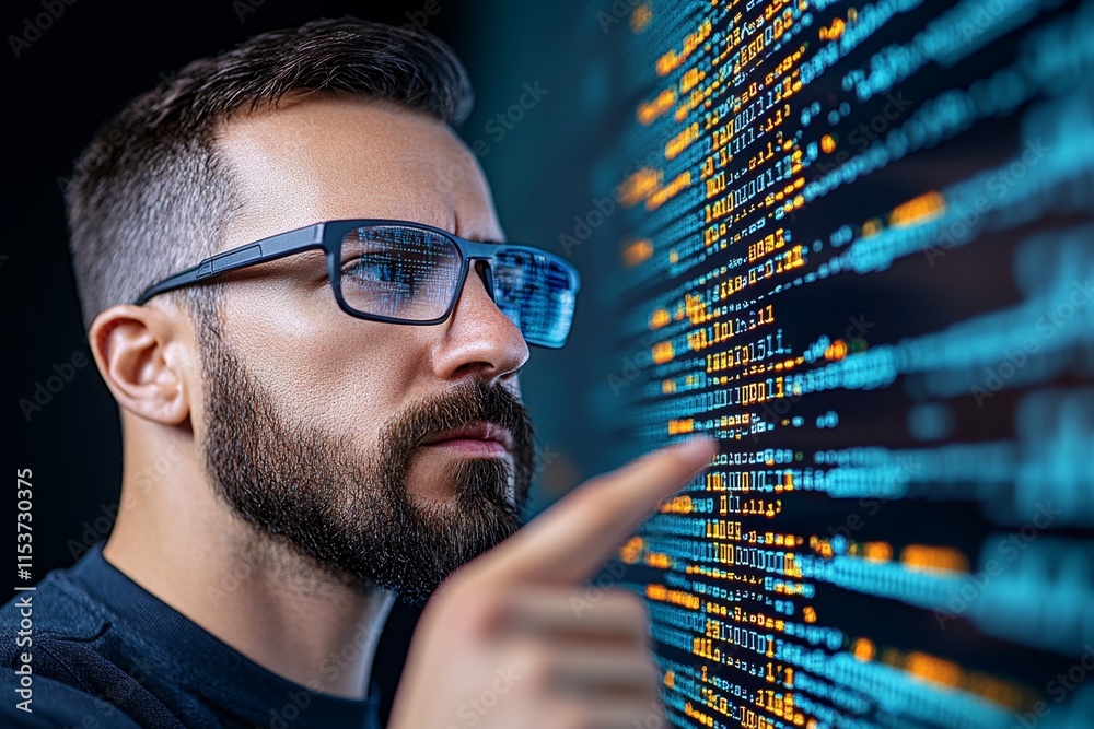 Aufkleber A futuristic programmer interacting with a holographic coding interface filled with high-speed data streams and graphs