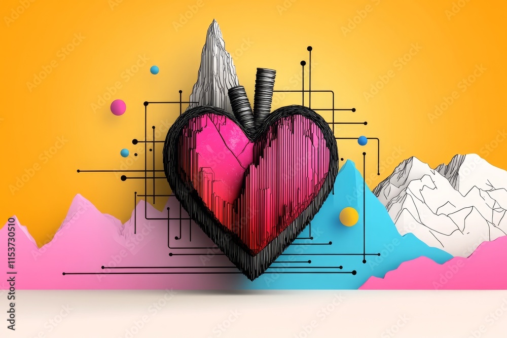 Poster a geometric heart design composed of sharp lines and pastel gradients, set against a neutral backgro