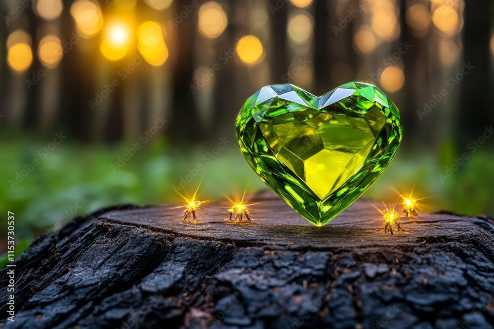 Poster a glowing crystal heart hovering in an enchanted forest, surrounded by fireflies, soft golden light,