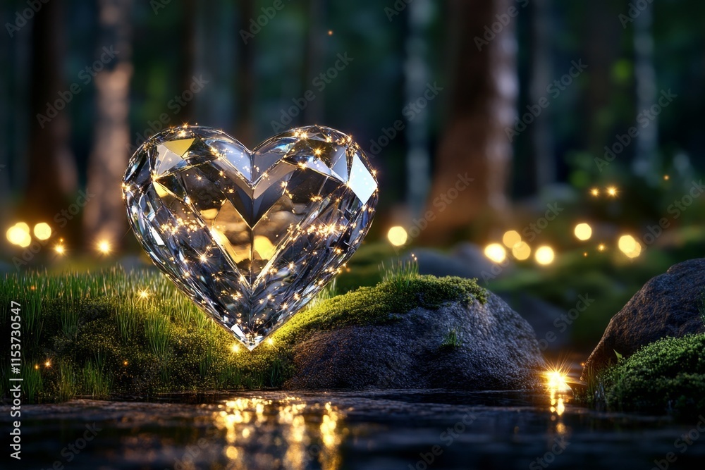 Poster a glowing crystal heart hovering in an enchanted forest, surrounded by fireflies, soft golden light,