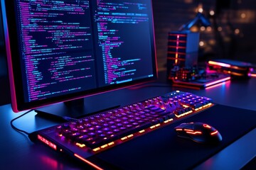 A glowing keyboard and mouse on a programmer desk, with live coding updates displayed on bright computer screens