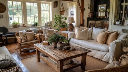 Fototapeta premium A warm farmhouse living room with natural textures, vintage decor, and a reclaimed wood coffee table centerpiece