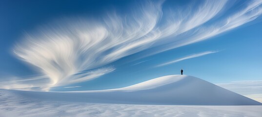 Lone Silhouette Stands Atop a Pristine Snowdrift, Framed by a Dramatic Sky of Whirling Clouds