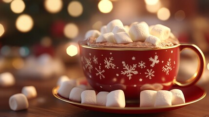 Fototapeta premium Cozy Hot Chocolate with Marshmallows in Festive Red Cup