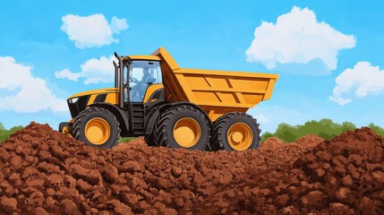 Fototapeta premium A bright yellow dump truck is unloading dirt on a construction site, set against a clear blue sky with fluffy clouds and greenery in the background.
