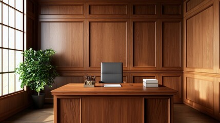A modern wooden office featuring a sleek desk, an ergonomic chair, and a potted plant, exuding a professional yet inviting atmosphere.
