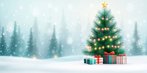 Obraz premium Underneath the starry night, a Christmas tree stands proudly in the snow-filled forest, embellished with a shiny star and gift boxes, depicting an abstract winter scene.