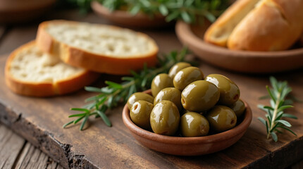 Green Olives and Bread Presentation