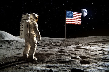 A historical representation of the first moon landing in 1969, showing astronauts planting the American flag on the lunar surface