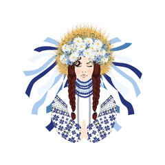 Woman prays in an embroidered costume and a wreath of wildflowers, daisies, cornflowers, herbs and wheat ears