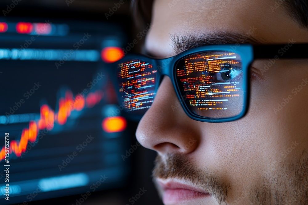 Aufkleber A hyper-realistic close-up of a developer face reflected in a monitor displaying complex code and live trading graphs