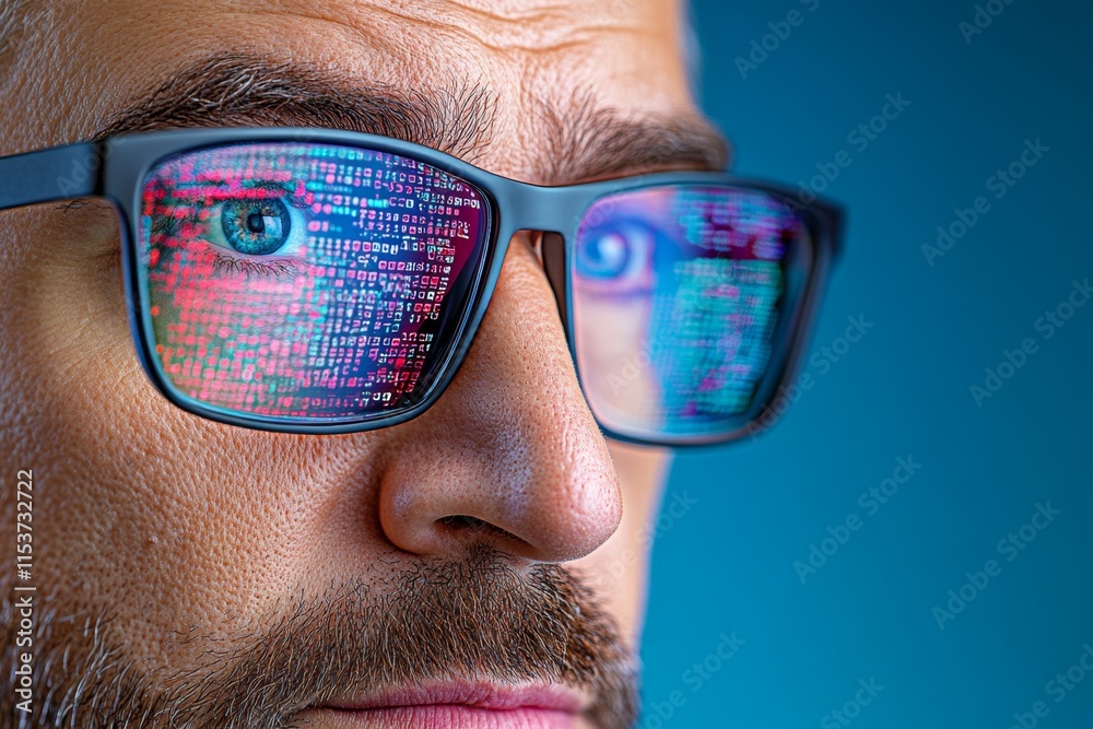Aufkleber A hyper-realistic close-up of a developer face reflected in a monitor displaying complex code and live trading graphs