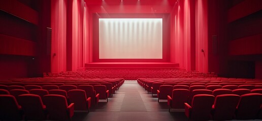 A modern cinema interior featuring red decor and empty seating.