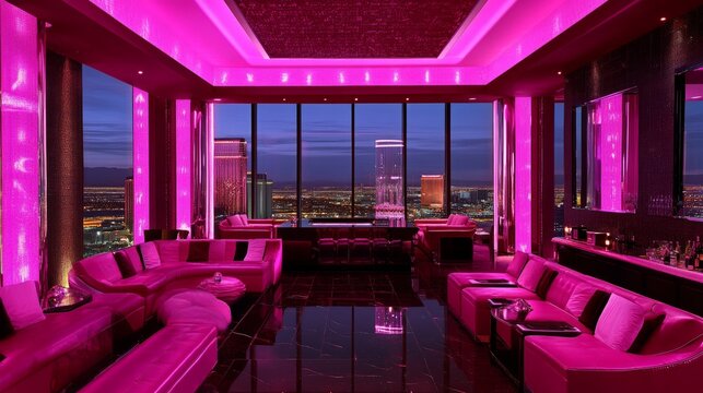 A vibrant lounge featuring pink neon lights, sleek furniture, and a dynamic setting perfect for nightlife enthusiasts