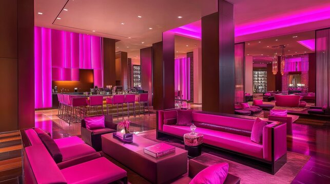 A vibrant lounge featuring pink neon lights, sleek furniture, and a dynamic setting perfect for nightlife enthusiasts