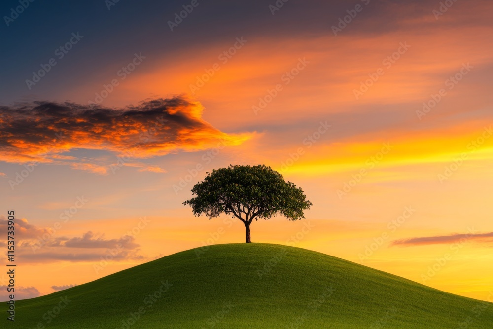 Poster A minimalist HDR design of a lone tree on a rolling hill under a dramatic, gradient sunset, with crisp light contrasts and simple composition