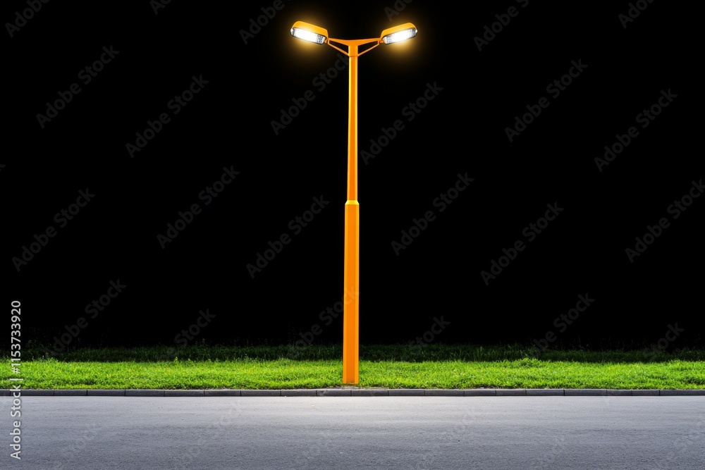 Poster a minimalist hdr composition of a glowing streetlight casting its golden light on empty pavement aga