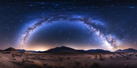 Milky Way and galactic center shine brightly over a desert landscape, showcasing the beauty of the Milky Way and its captivating galactic center in a stunning night sky.