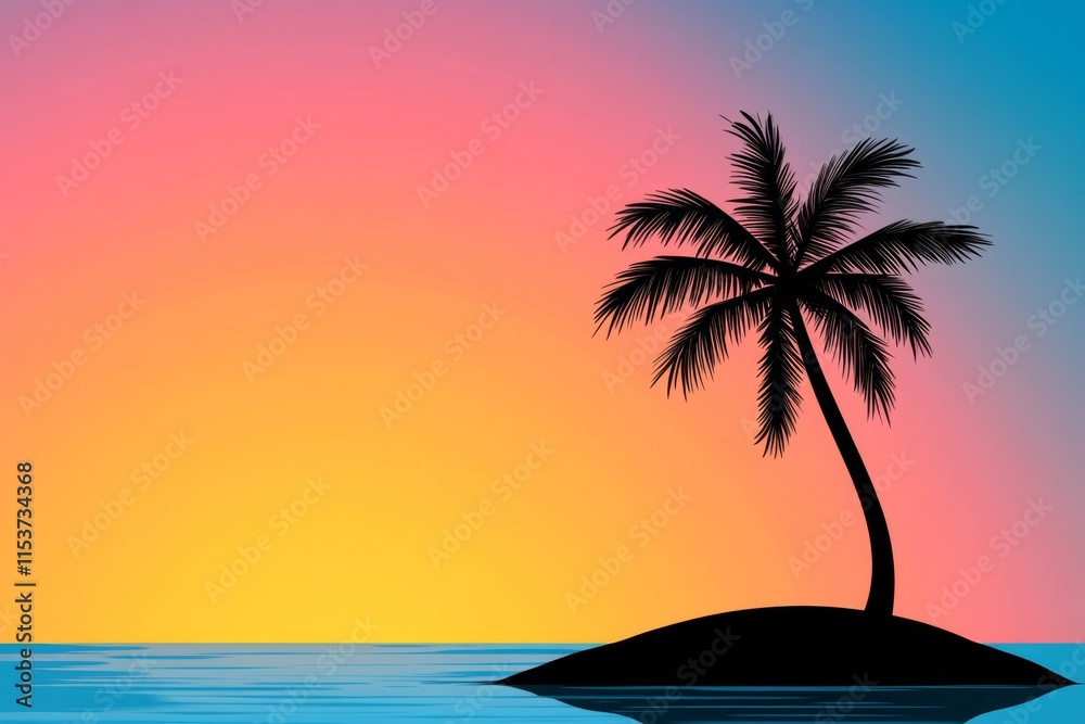 Poster a minimalist illustration of a palm tree on a small island, set against a vibrant gradient backgroun